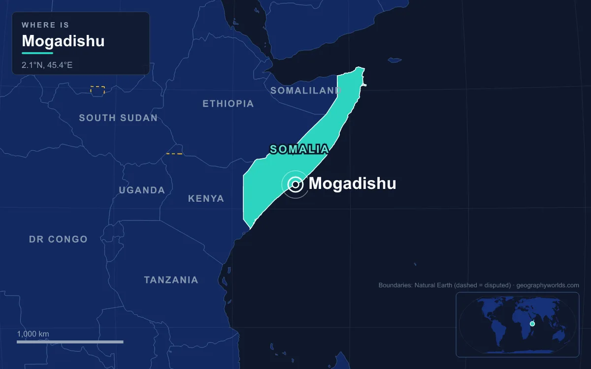 Map marking the location of Mogadishu