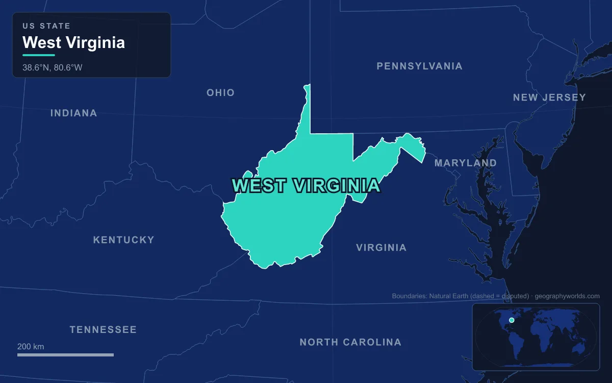 Map highlighting West Virginia and its neighbours