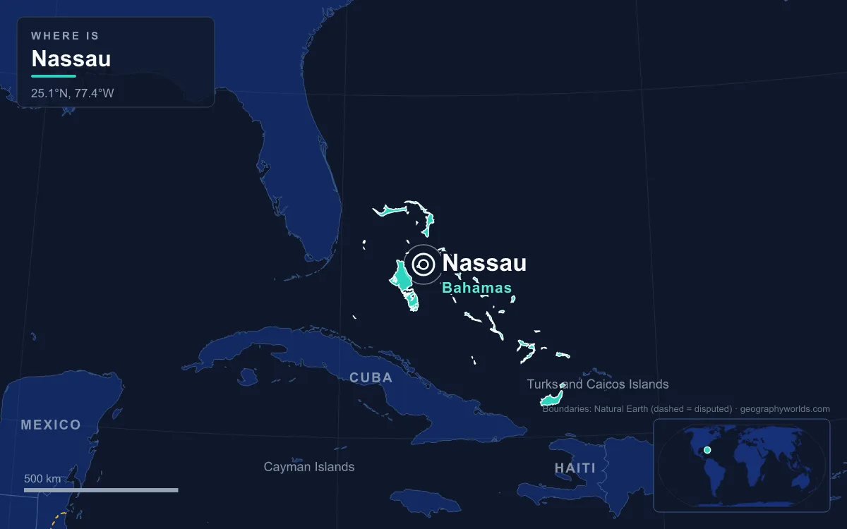 Map marking the location of Nassau