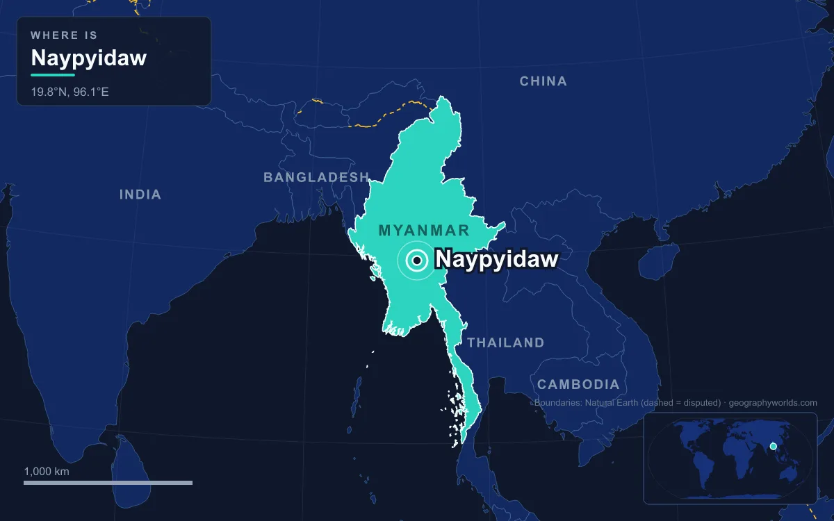 Map marking the location of Naypyidaw
