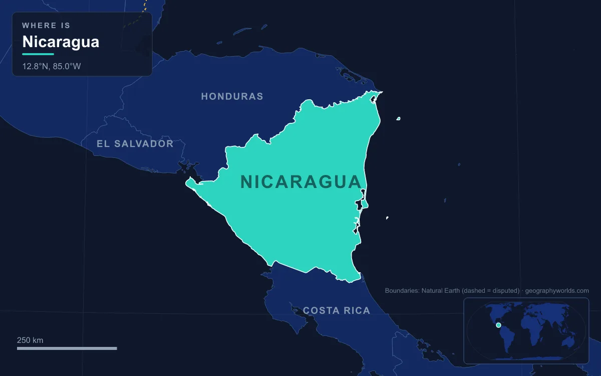 Map highlighting Nicaragua and its neighbours