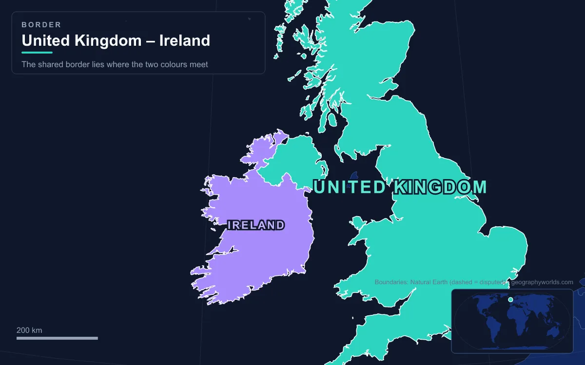 Map of United Kingdom and Ireland showing the border between them