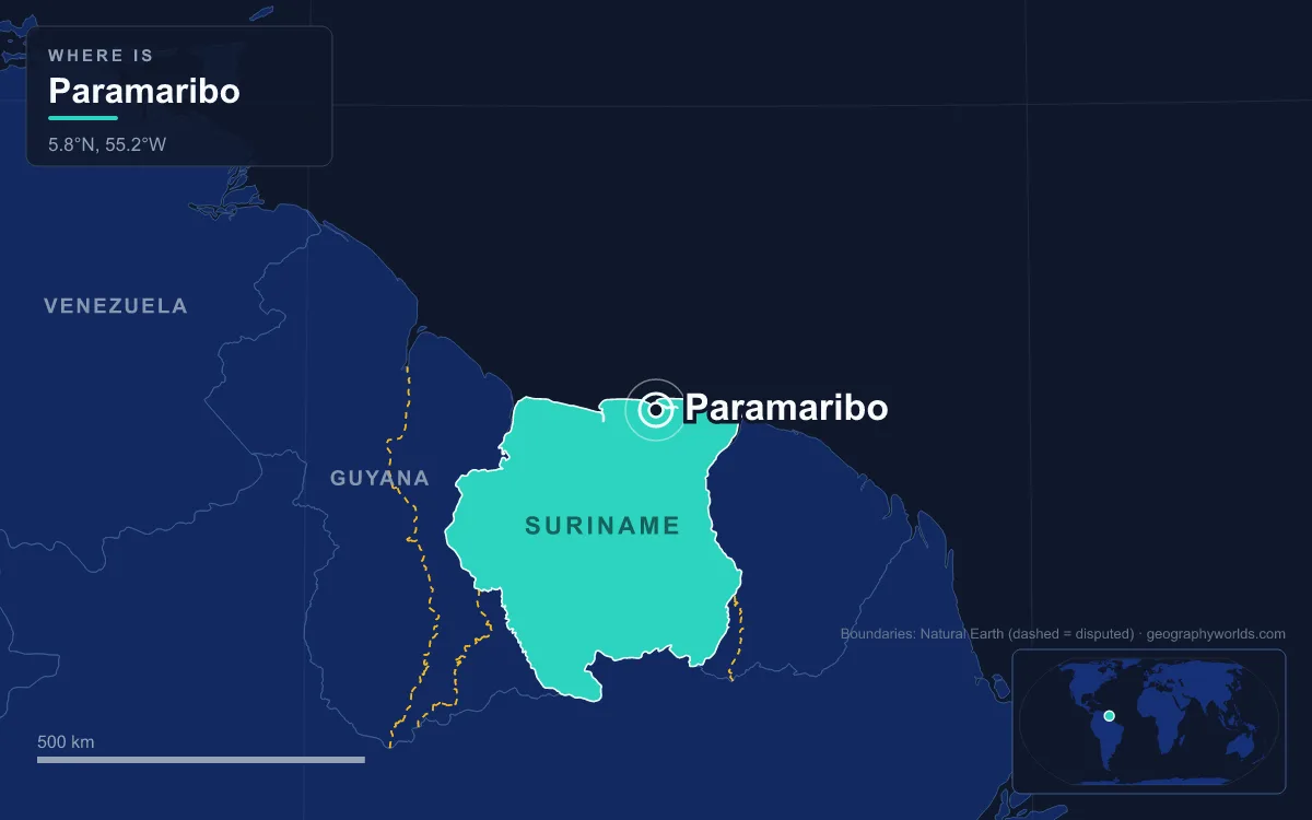 Map marking the location of Paramaribo