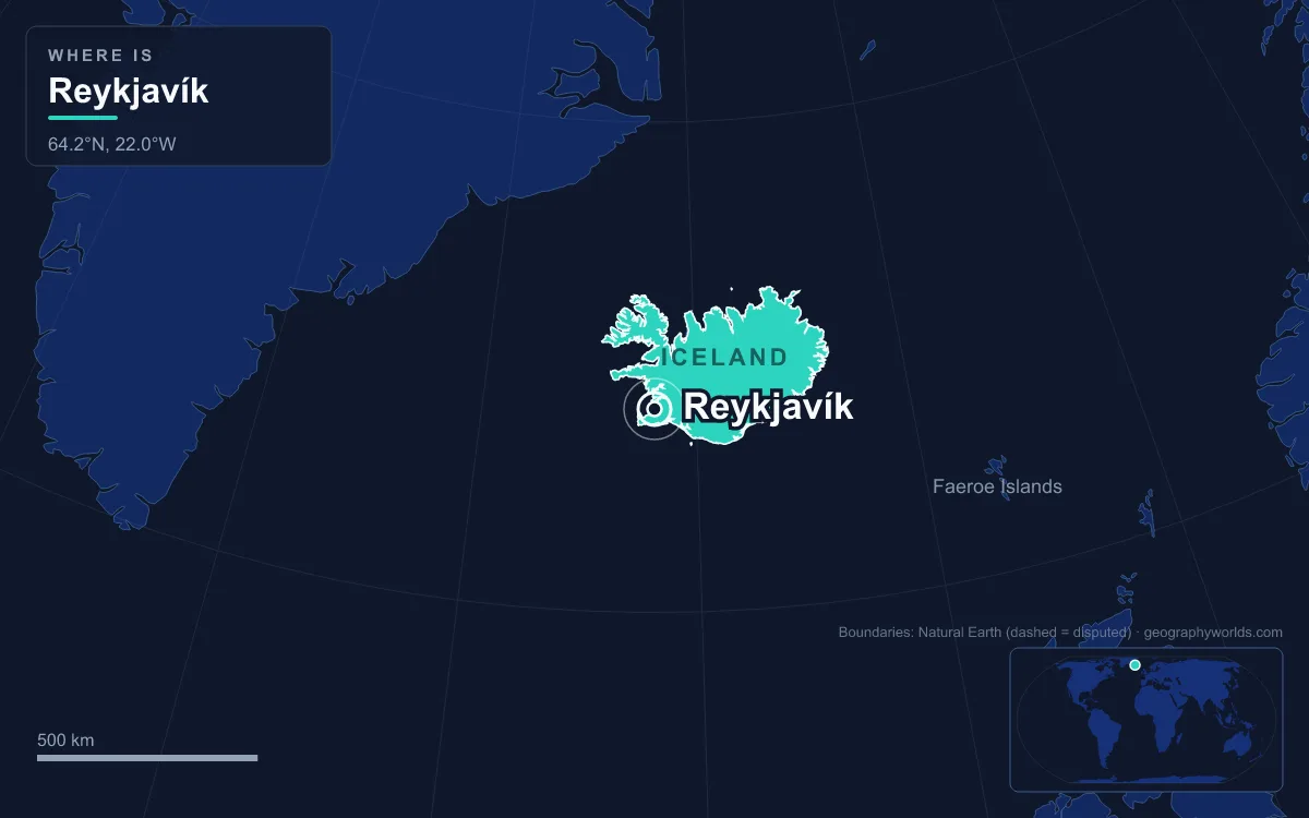 Map marking the location of Reykjavík