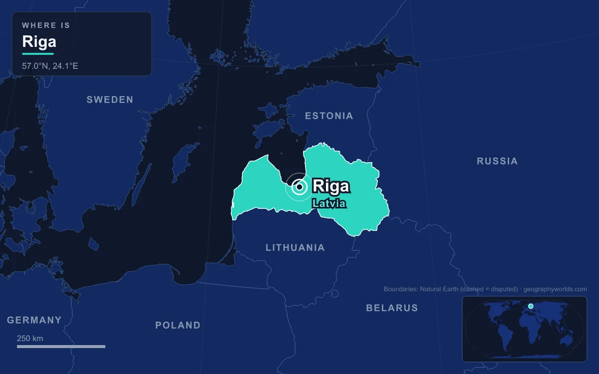 Map marking the location of Riga