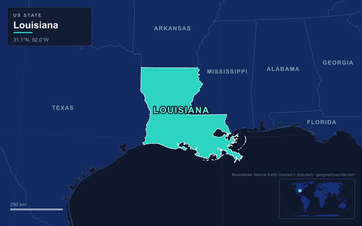 Map highlighting Louisiana and its neighbours