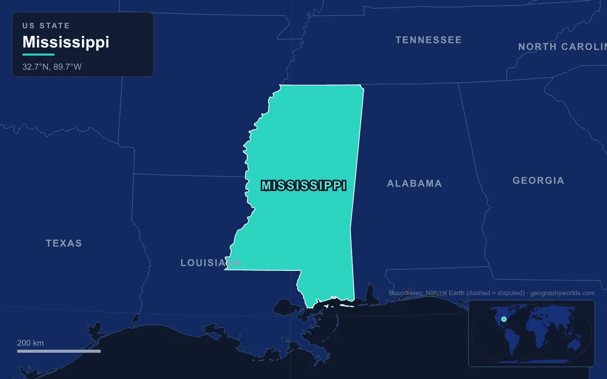 Map highlighting Mississippi and its neighbours