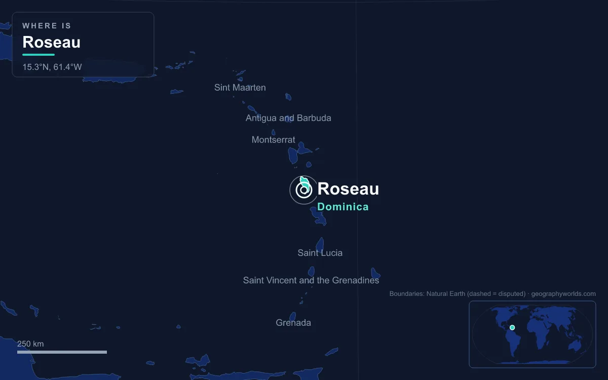 Map marking the location of Roseau