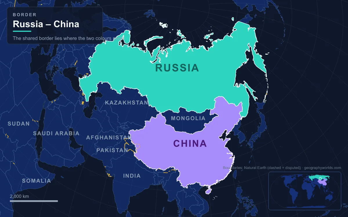 Map of Russia and China showing the border between them