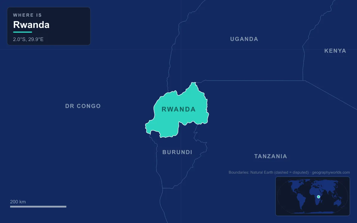 Map of central East Africa with Rwanda highlighted between Uganda, Tanzania, Burundi and the DR Congo
