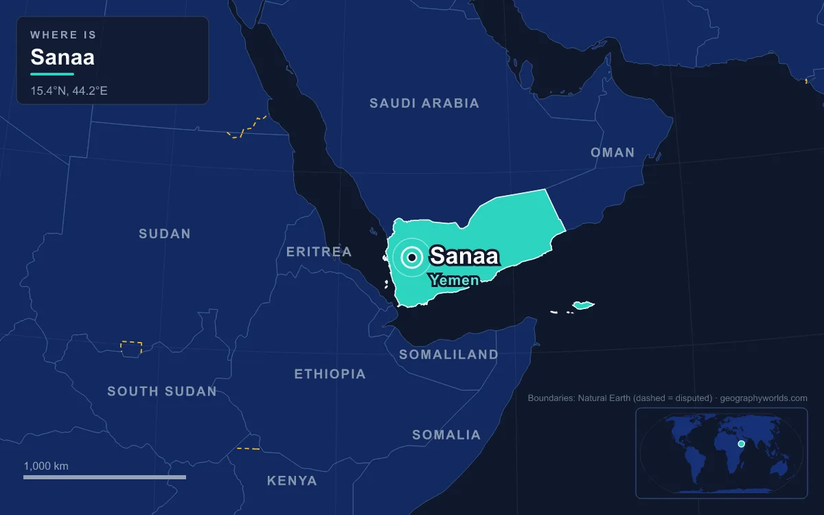 Map marking the location of Sanaa