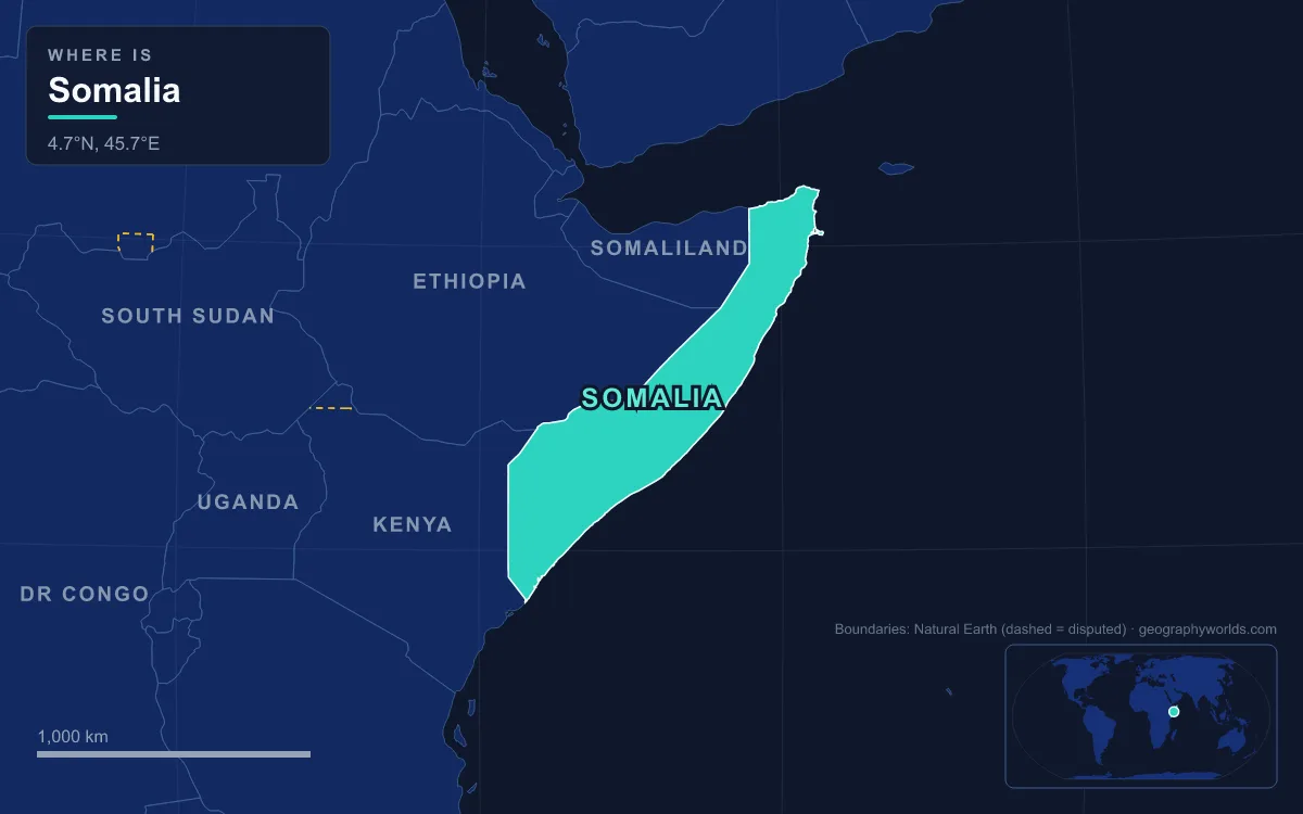 Map highlighting Somalia and its neighbours