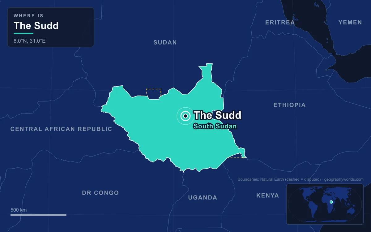 Map marking the location of The Sudd