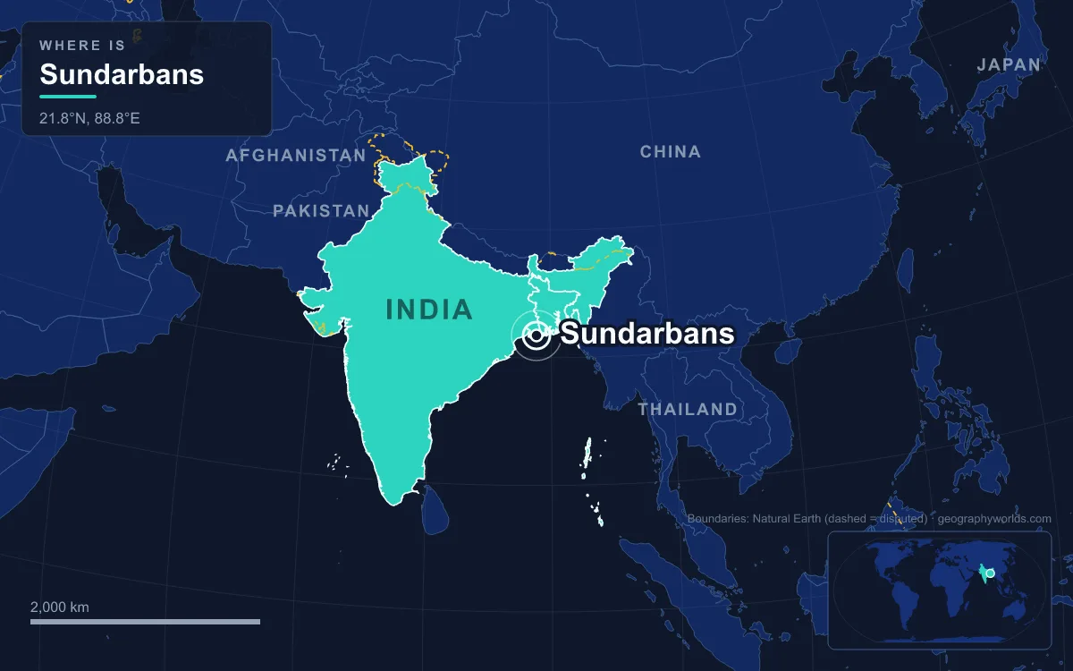 Map marking the location of Sundarbans