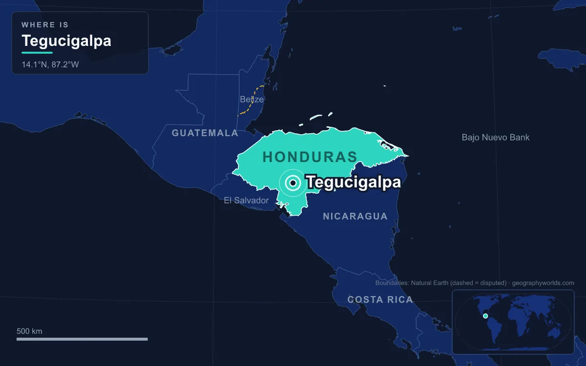 Map marking the location of Tegucigalpa