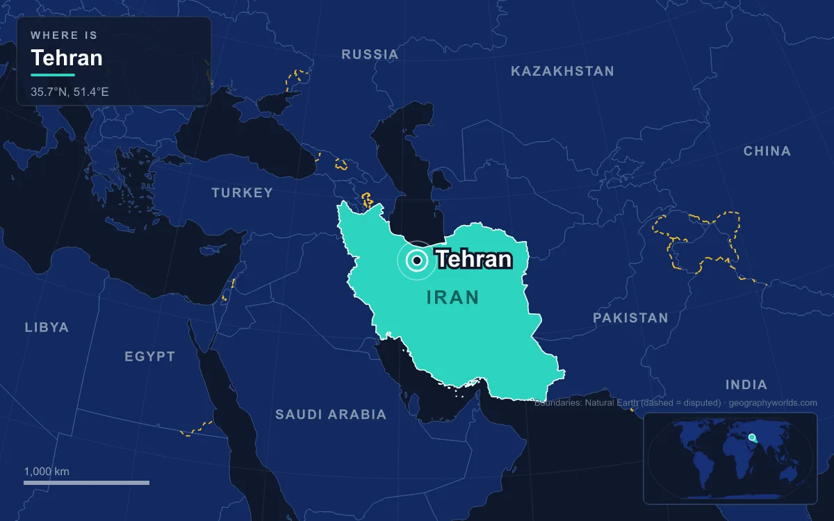 Map marking the location of Tehran