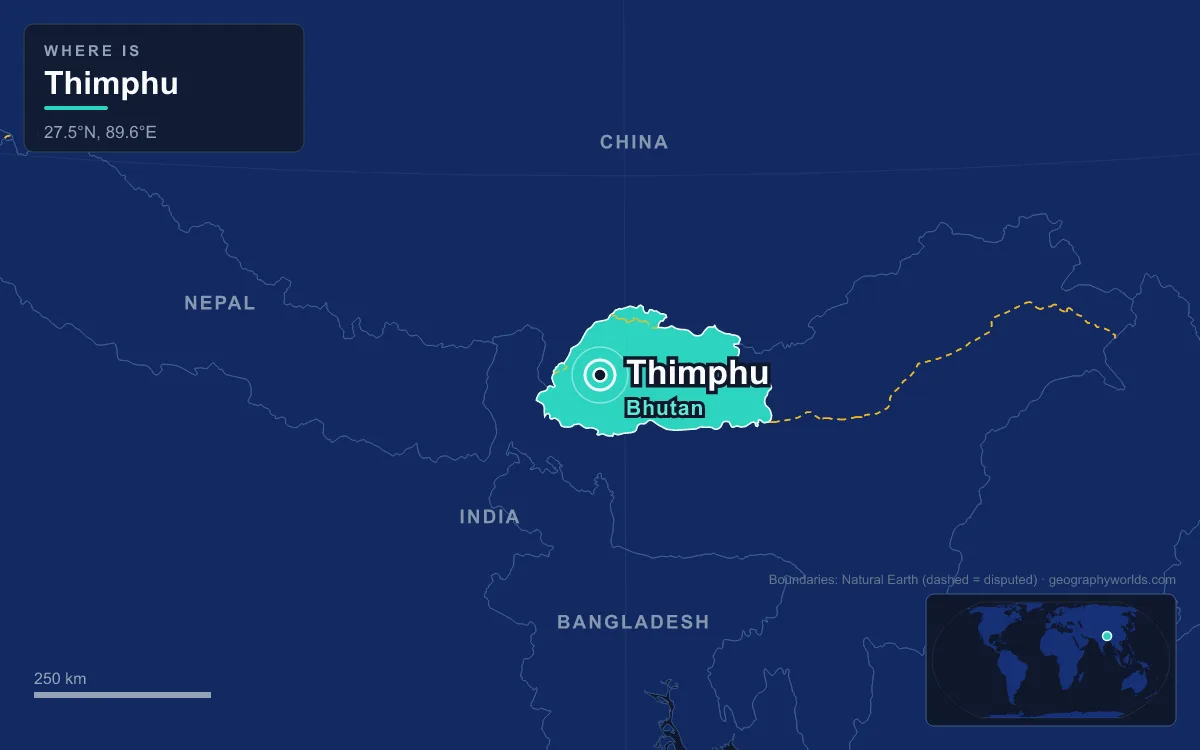 Map marking the location of Thimphu
