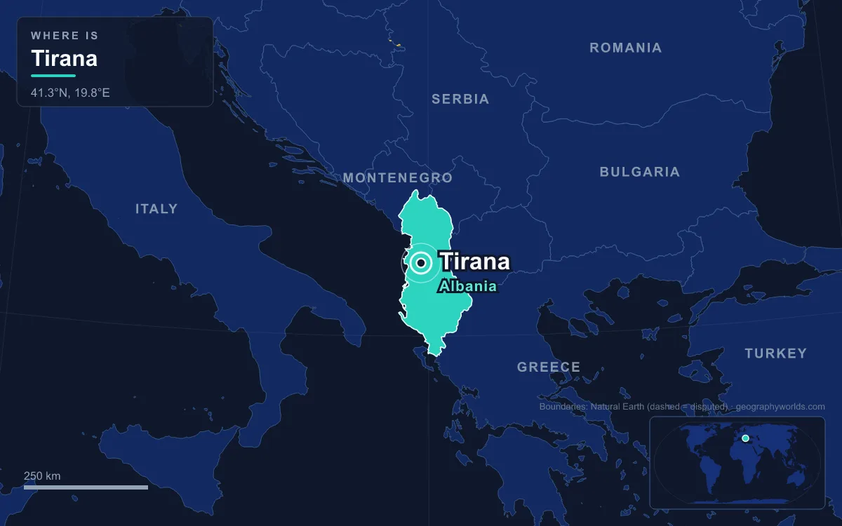 Map marking the location of Tirana