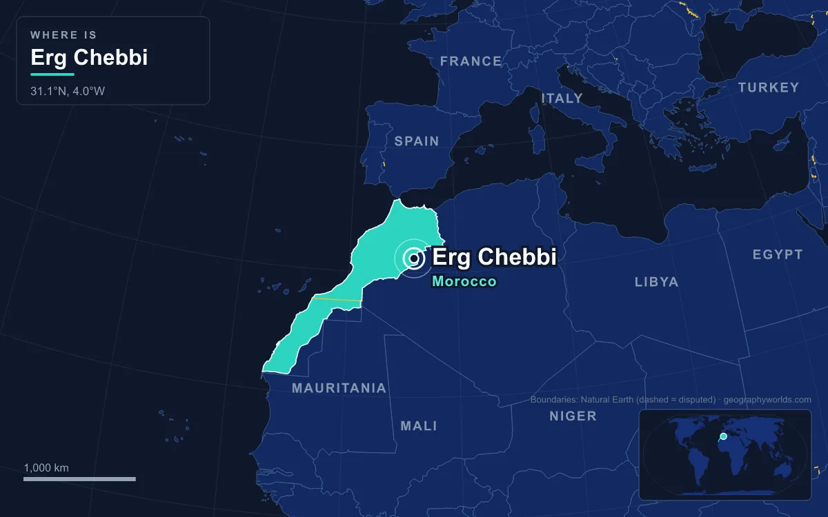 Map marking the location of Erg Chebbi