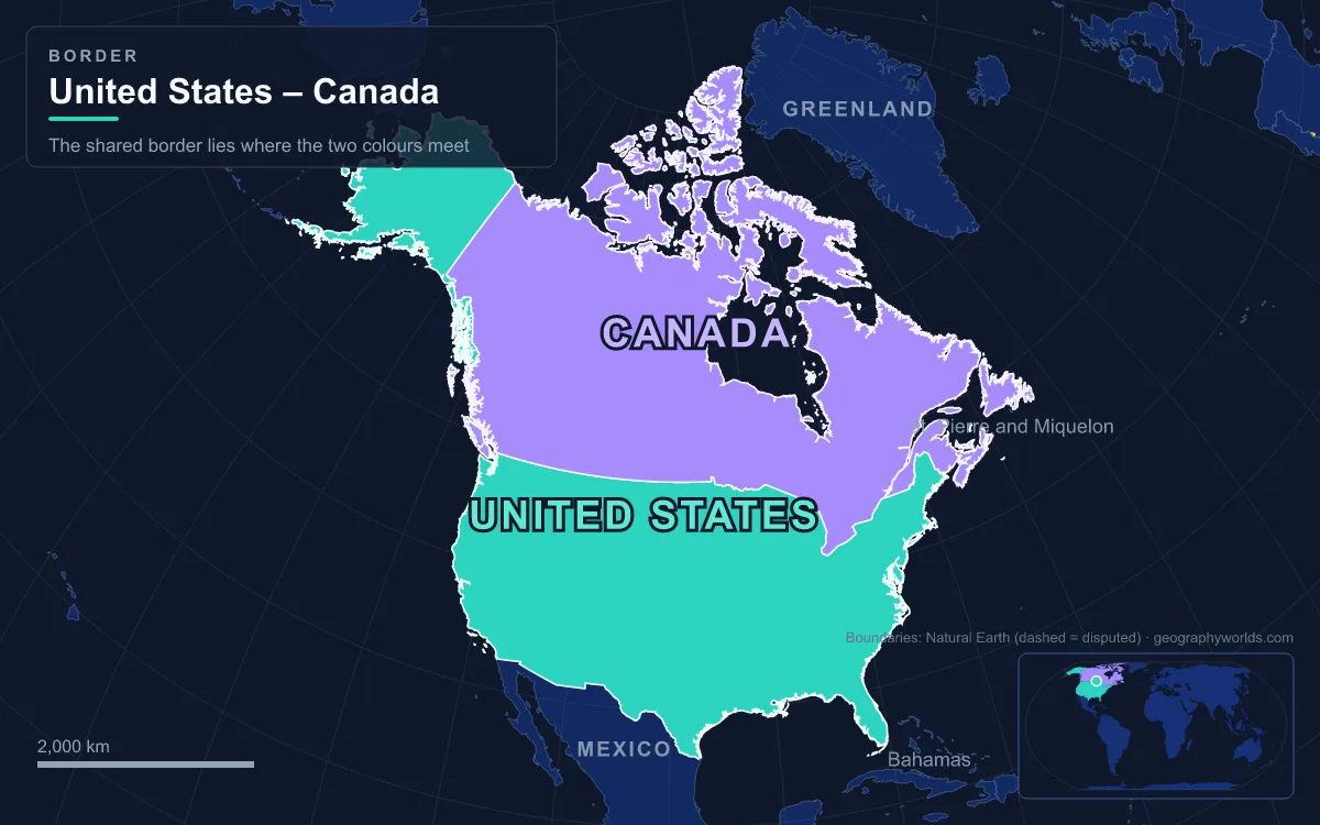 Map of the United States and Canada showing the border between them