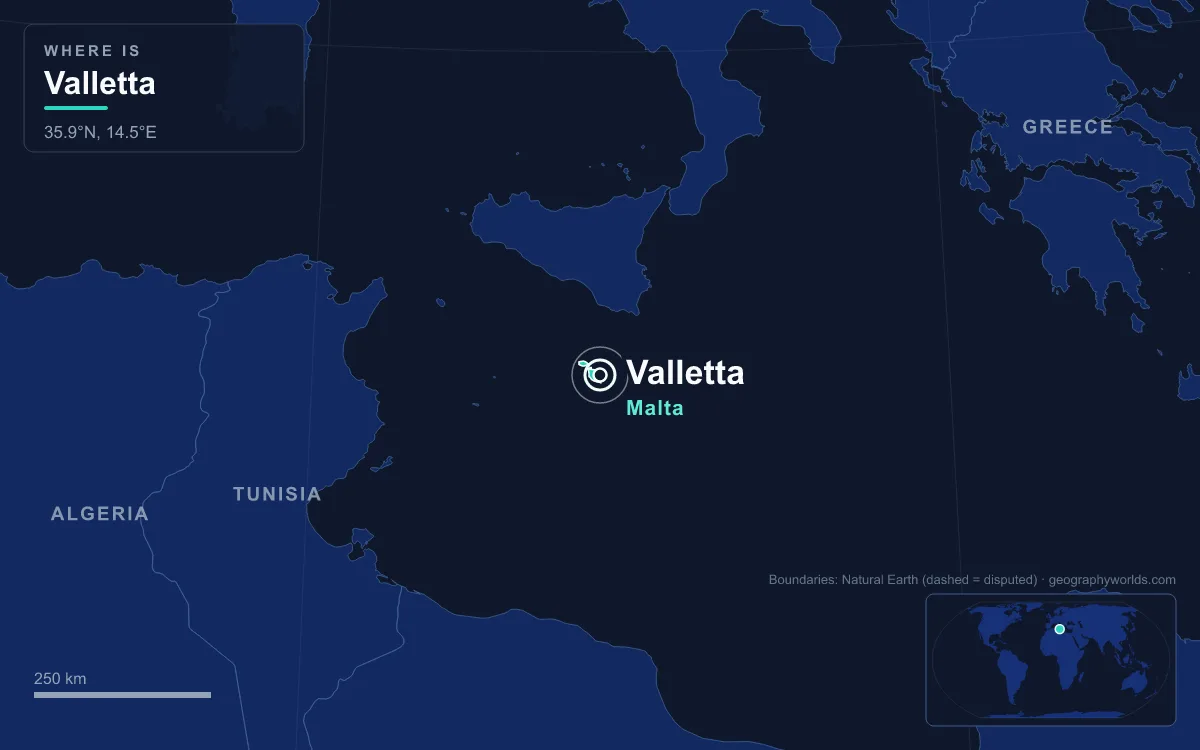 Map marking the location of Valletta