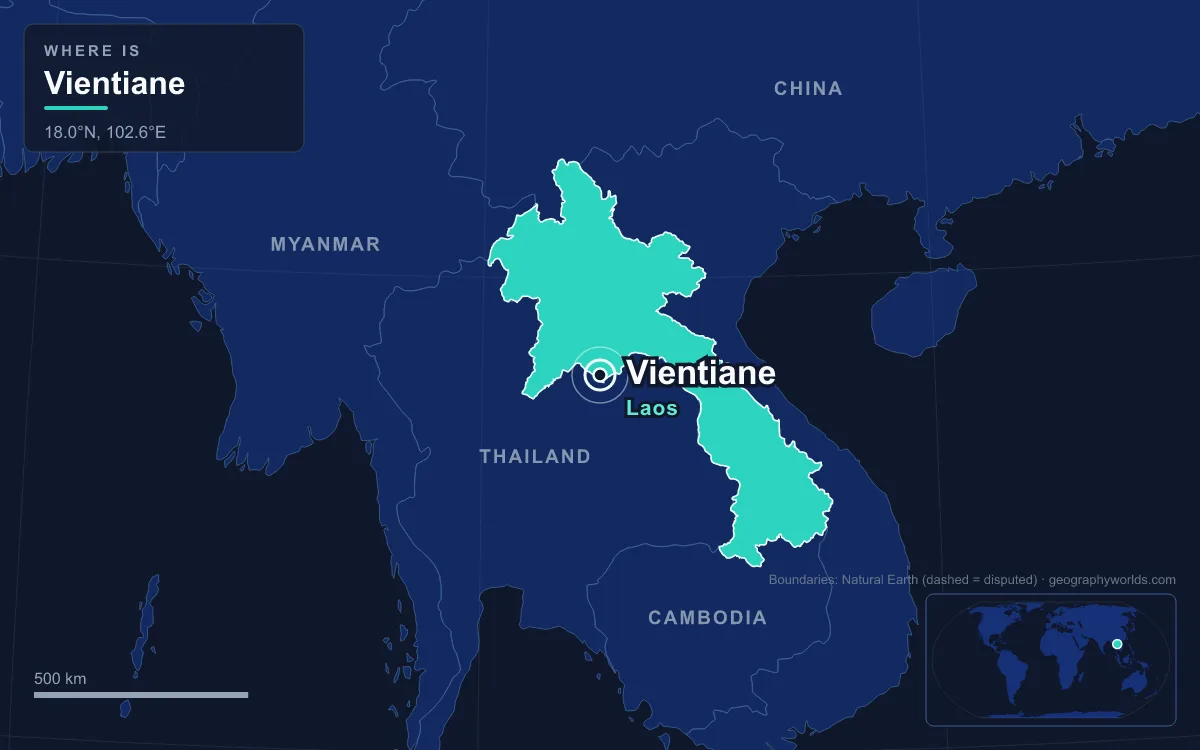 Map marking the location of Vientiane