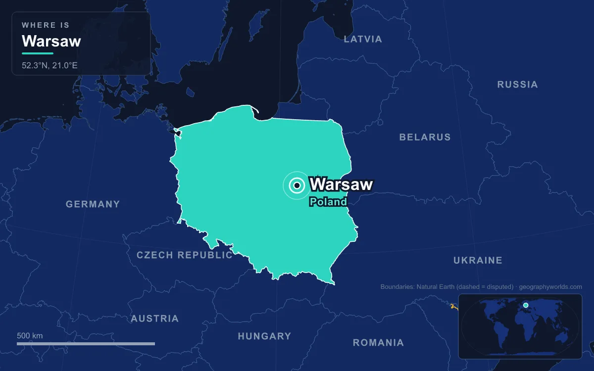 Map marking the location of Warsaw