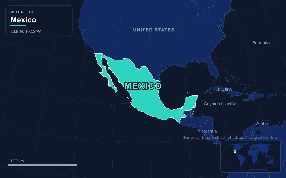 Map highlighting Mexico and its neighbours