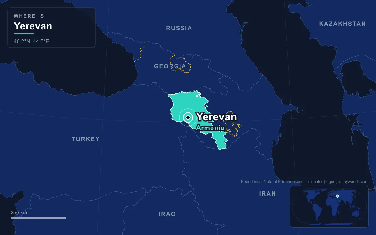 Map marking the location of Yerevan